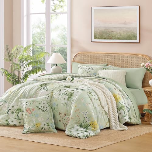 Image of Andency Twin 5 Piece Reversible Comforter Set, Floral Gingham Bedding,Sage