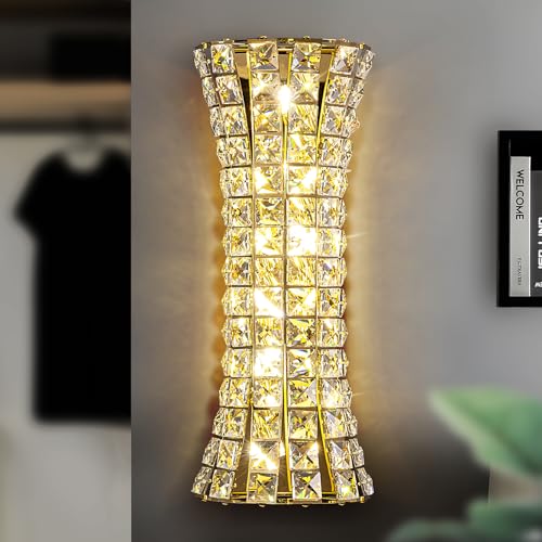 Image of Crystal Wall Sconces,Modern Wall Light Fixtures,Luxury Indoor Gold Wall Lamp for Living Room Bedroom Bathroom Hallway Doorway Stairway,Bedside,Tricolor Vanity Lighting Fixture