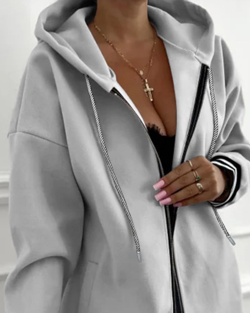 CHICME Womens Lightweight Jacket Casual Zip Up Hoodies Striped Cuffs Coat with Drawstring Pockets Drop Shoulder - Image 2