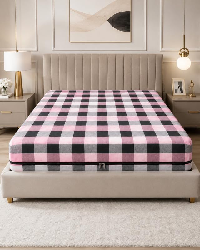 Checkered Mattress Cover with Zipper | Pink Grey Bed Mattress Protector Cover for Bedroom-image-23