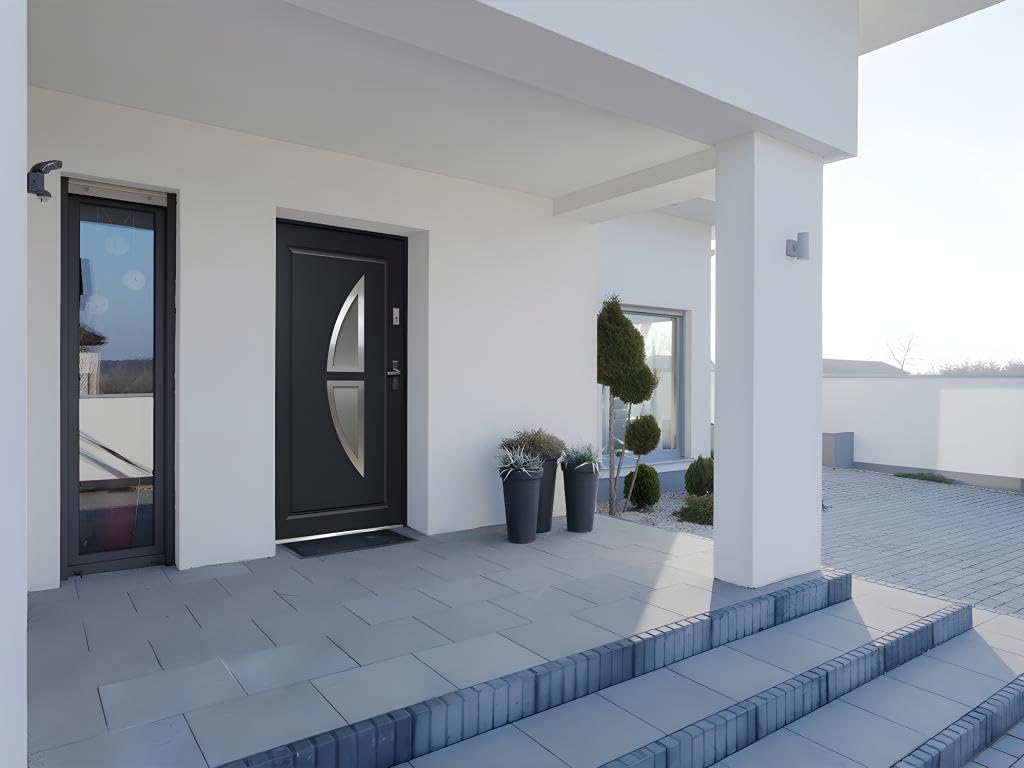 Venta-unica - Puerta de entrada de acero acristalada con inox Alt. 207 x Ancho 100 cm antracita - se abre hacia la izquierda COVAS