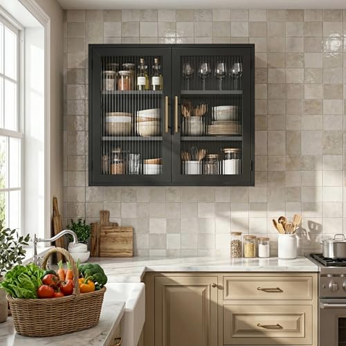 Furnivio Floating Wall Cabinets with Acrylic Glass Doors, Bathroom Wall Cabinet with Adjustable Shelf, Glass Display Cabinet Wall Mounted for Laundry Room & Kitchen(Black)