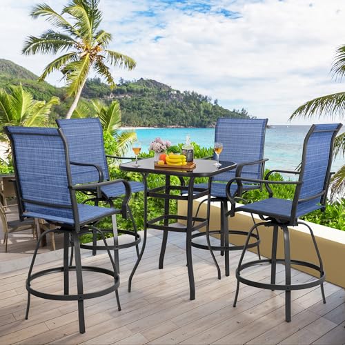 Shintenchi 5 Piece Patio Swivel Bar Set, Outdoor Patio Bar Table and Chairs Set, All Weather Textile Metal Bar Height Stools Chairs Set of 4, High Top Bistro Set for Balcony, Backyard,Garden,Deep Blue