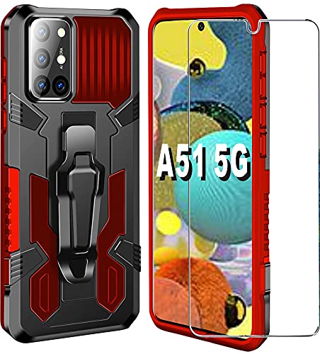 Samsung Galaxy A51 5G, avec Protection d'écran HD de qualité Militaire avec Clip Ceinture et béquille de Protection pour téléphone Portable 16,5 cm (2020) (Rouge) Cover