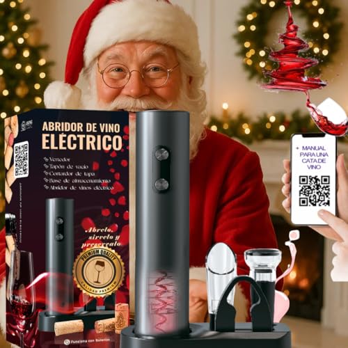 Sacacorchos eléctrico profesional con cortacápsulas, aireador y vertedor, Abridor de vino con base elegante, Regalos originales para hombre cumpleaños, Navidad o San Valentín, funciona con 4 pilas AA