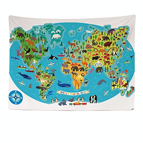 Ulticool – Mapa del Mundo Animales Naturaleza – Tapiz – 200 x 150 cm – Póster decorativo – Regalo niña niño – Decoración – Edredón – Alfombra – Lienzo – Pintura – Accesorio