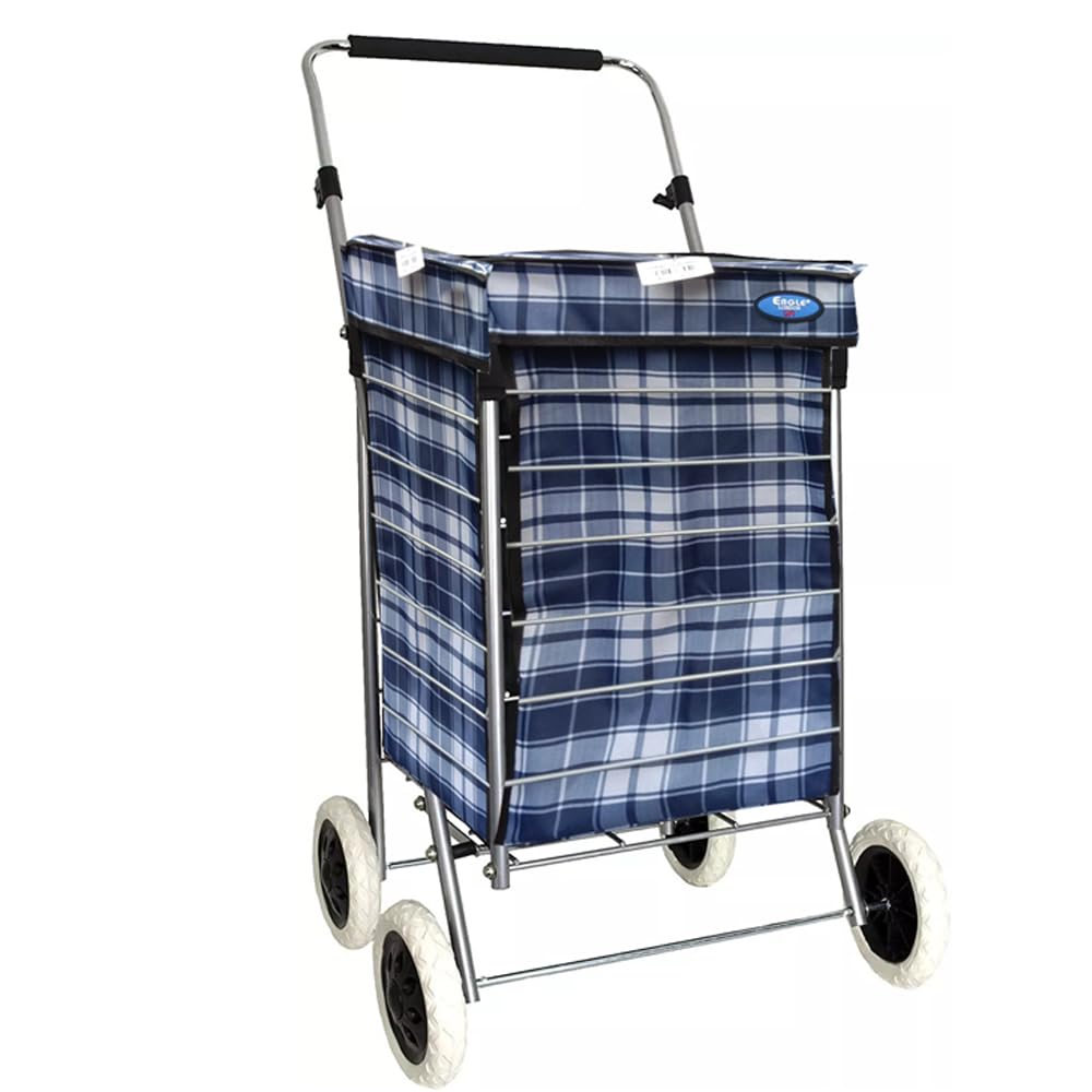 47L Large Capacity Tartan 4 Wheel Folding Collapsible Frame Shopping Trolley, Lightweight Shopping Trolley 2021 Model Shopper, Cart Design Essential Durable Stable Wheeled Bag Blue Check