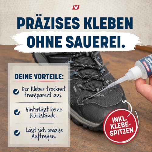 Schuhkleber extra stark wasserfest 30g - Kleber Set mit Klebespitzen für Schuhe, Sneaker, Turnschuhe und Leder - Starker Schuhkleber für Schuhe und Schuhsohlen