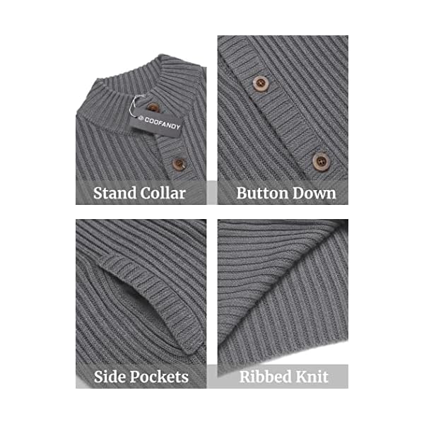 COOFANDY Men's Cardigan Sweaters Stand Collar Button Down Ribbed Knitted Sweater with Pockets Gray - Image 6