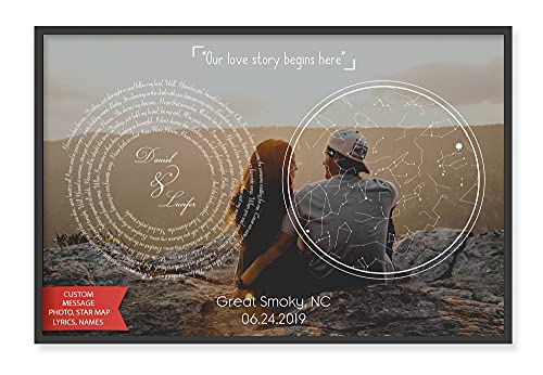 Product Image of the SANTANNA Personalized Stars Map Wedding Anniversary Poster, Custom Lyrics Photo Name Date Text Frame Prints for Couple, Love Wall Art Canvas Home Decor (11'x14', Love Stars & Vinnyl Records)