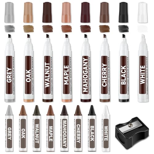 17pcs Kit Riparazione Mobili in Legno, 8 Pennarello per Legno 8 Pastelli Riempitivi a Cera e Temperino, Penna per Riparazione Mobili, Set di riparazione per legno per macchie, graffi, pavimenti