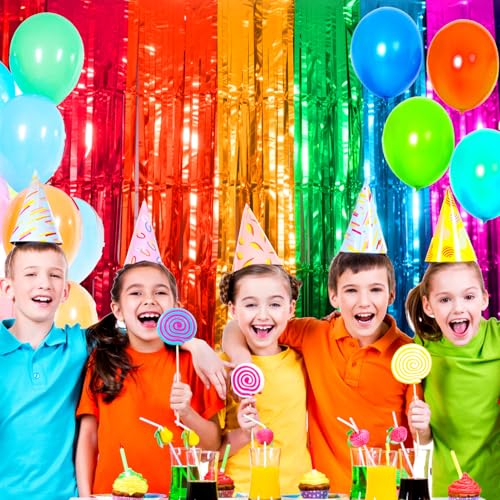 Image of 4 Packs Rainbow Foil Fringe Curtain, Assorted Color Metallic Tinsel Backdrop for Birthday, Baby Shower, Wedding, Rainbow Party Decorations Supplies