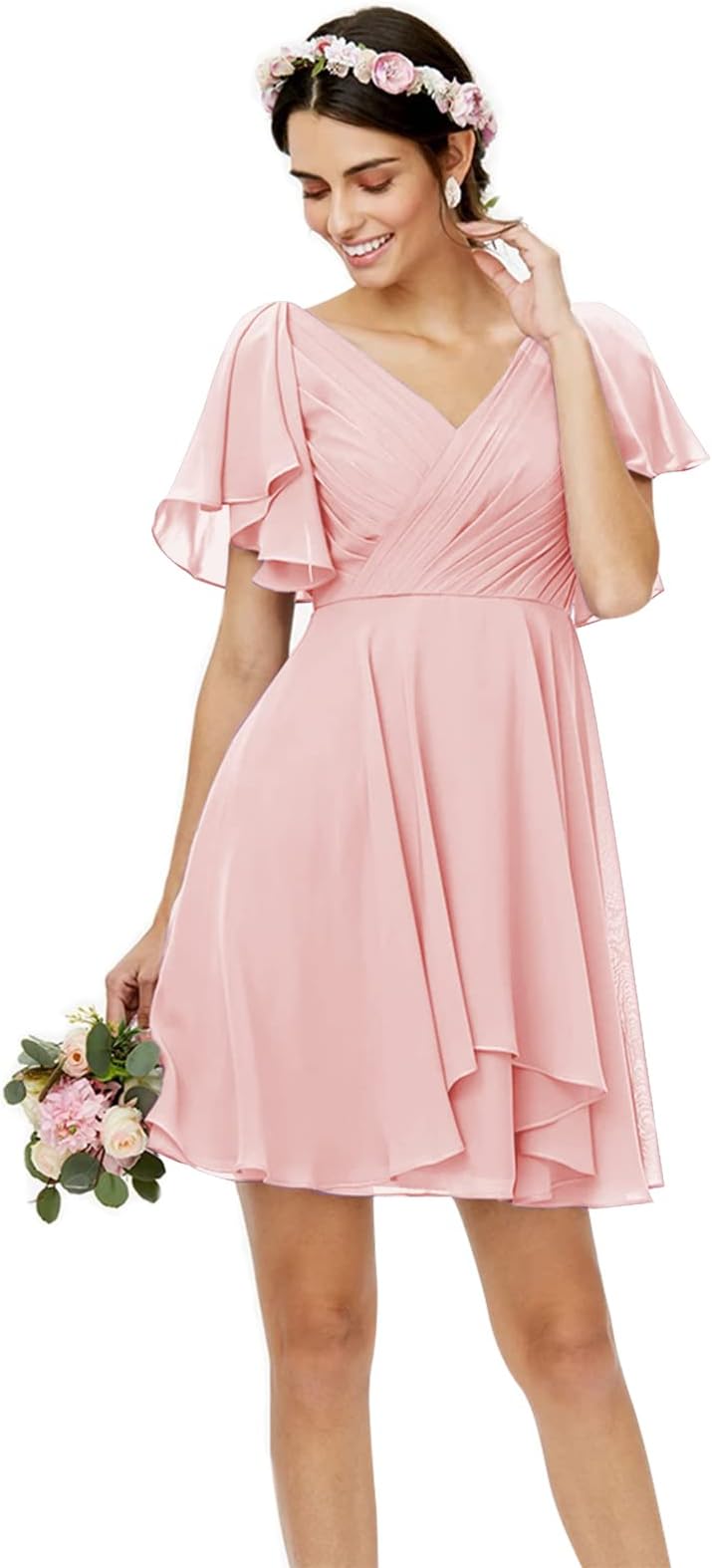 BANTRATIC A Line V Neck Short Bridesmaid Dresses for Wedding 2022 Ruched Chiffon Formal Party Prom Homecoming Dress