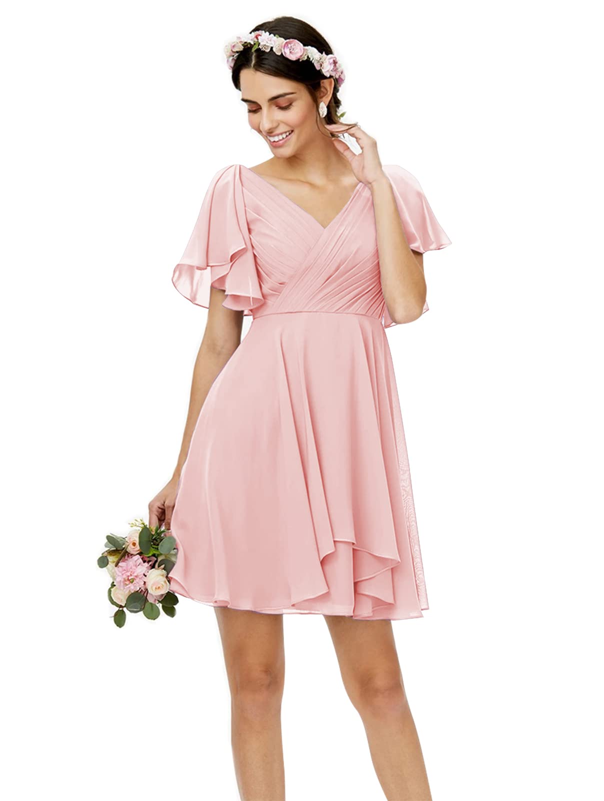 BANTRATIC A Line V Neck Short Bridesmaid Dresses for Wedding 2022 Ruched Chiffon Formal Party Prom Homecoming Dress