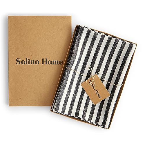 Image of Solino Home 100% Linen Napkins, 20 x 20 in, Black, Amalfi Stripe, Set of 4 | elevate everyday dining and special gatherings, woven stripe, European flax fibres, machine washable, OEKO-TEX Certified