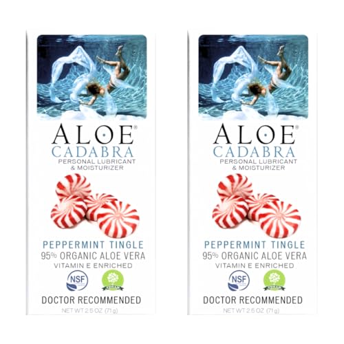 Image of Aloe Cadabra Flavored Personal Lubricant & Vaginal Moisturizer, NSF Certified Organic Edible Aloe Lube for Men, Women & Couples, Non-Staining, pH Balanced, Toy Compatible (Peppermint, 2.5oz, 2 Pack)