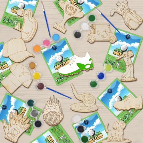 Wpdiscz Golf Party Favors, 12 Set Sport Themed Craft Kits - Wooden Painting Kit, Golf Themed Unfinished Woodchips With Glow In The Dark Paints And Cards, Diy Party Favors Birthday Decorations