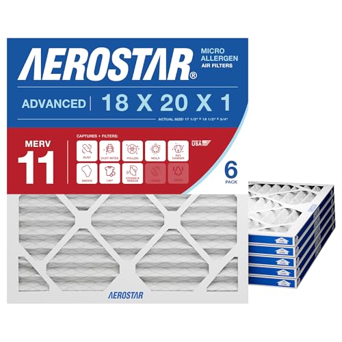 Aerostar 18x20x1 MERV 11 Air Filter, 6 Count, ACTUAL SIZE (17.50 x 19.50 x 0.75), HVAC, Air Conditioning & Furnace Filter for Dust, Pet Dander, Smoke & Allergies (MPR 1200 / FPR 7), Made in USA
