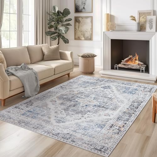 jinchan 5x7 Area Rug Vintage Washable Non-Slip Rug for Living Room Bedroom Dining Room Kitchen Home Office Thin Elegant Retro Lightweight Chenille Rug Blue Grey 5' x 7' (Rectangular) Blue Gr