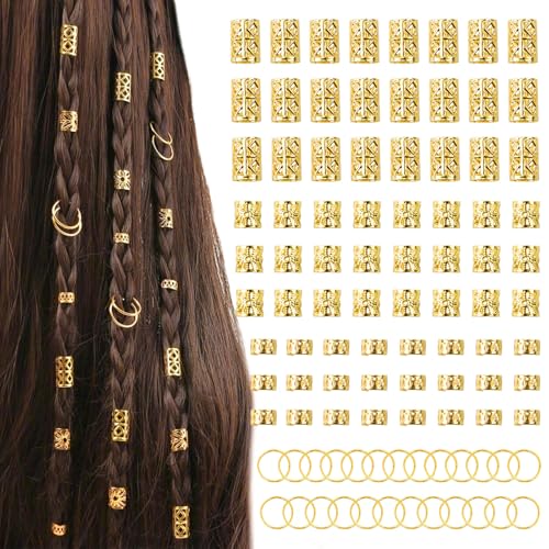 100 Pcs Gold Hair Jewelry for Braids 4 Styles Dreadlock Accessories Adjustable Metal Hair Clips Hair Cuff Rings Braiding Decorations for Women Men