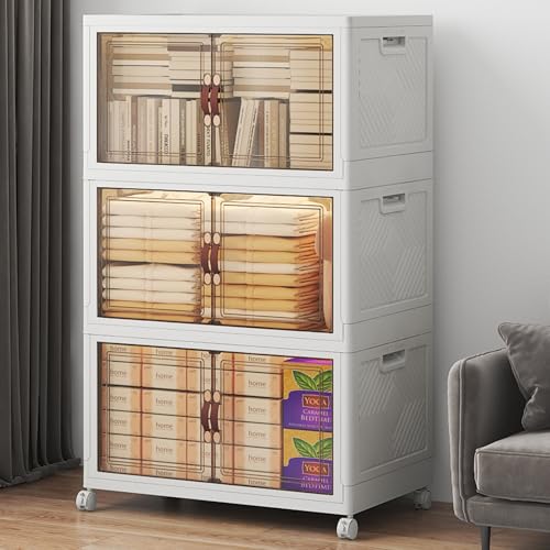 Image of UAMFURI Stackable Storage Bins with Lids, 360QT Closet Organizers, Lockable Storage Cabinet,Foldable Storage Box with Doors and Wheels, Plastic Drawers for Home, Garage, Office (3, White, Large)