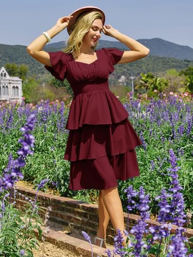 Image of Belle Poque Women's Vintage Square Neck Dress 2026 Summer Short Sleeve Layered Tiered Ruffle A-line Swing Midi Dress