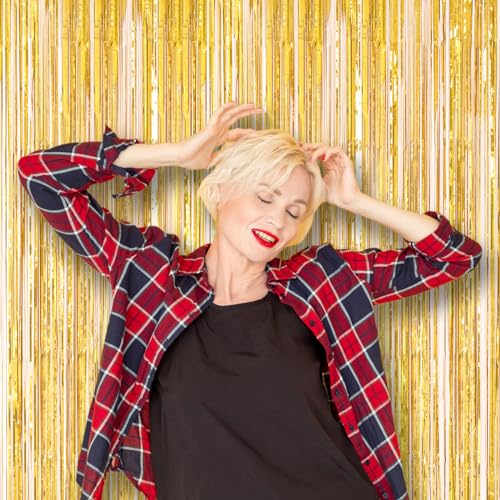 Image of Voircoloria 2 Pack Laser Gold Foil Fringe Backdrop Curtains, Tinsel Streamers Birthday Party Decorations, Fringe Backdrop for Graduation, Baby Shower, Gender Reveal, Disco Party