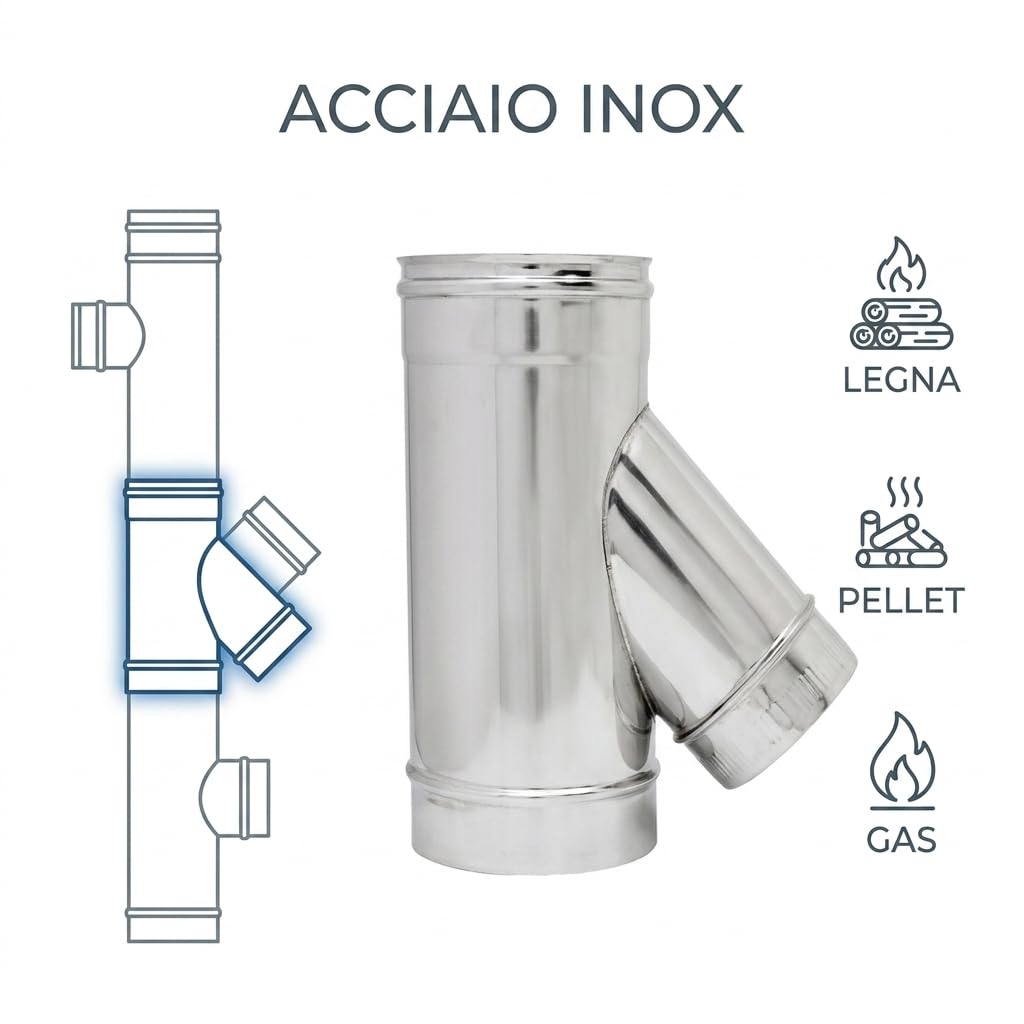 MAKA Raccordo a T 135° Ridotto per Canna Fumaria in Acciaio Inox, Braga con Codolo Ridotto per Stufa a Pellet (Ø 230, codolo Ø 80, AISI 304)