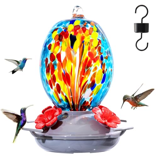 Muse Garden Hand Blown Glass Hummingbird Feeder - 19OZ Plastic Base Humming Bird Feeders for Outdoors Hanging, Garden Decor Gifts for Bird Lovers, Blue Fireworks