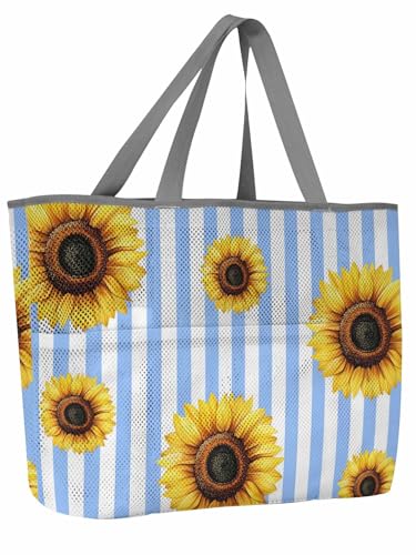 Beach Bags Women Mesh Tote Bag Rustic Pastoral Sunflower Toy Grocery Pool Bag with Pockets for Travel/Picnic/Shower