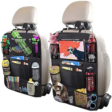 ULEEKA Organizador de banco traseiro de carro com suporte de mesa de 25,4 cm, 9 bolsos de armazenamento, protetores de assento para crianças pequenas, acessórios de viagem, pacote com 2