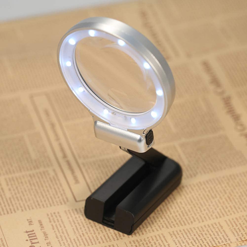 Podświetlana ręczna lupa 2 w 1 3X, składana lampa powiększająca na biurko z diodami LED i stojakiem do czytania i obserwacji rzemiosła, bez użycia rąk