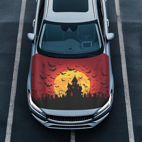 Image of Halloween Bats Castle Car Hood Cover Protector Stretchable Auto Hood Wraps Auto Halloween Outdoor Decoraitons Waterproof Automotive Accessories for Compact Sedans SUV Trucks Vans