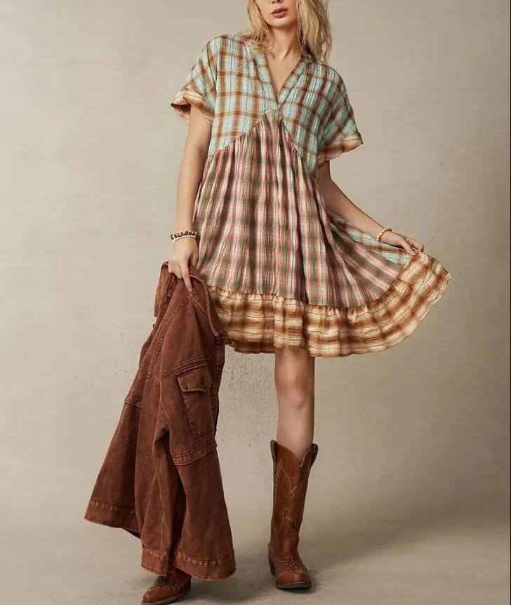 Women Boho Floral Babydoll Mini Dress Y2k Puff Sleeve Ruffle Flowy Short Dress Cute Summer V Neck Patchwork Dresses - Image 5