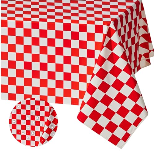 Lot de 2 nappes jetables à carreaux rouges et blancs, 137 x 274 cm, nappes rectangulaires en plastique pour pique-nique, fête prénatale, mariage, fête...