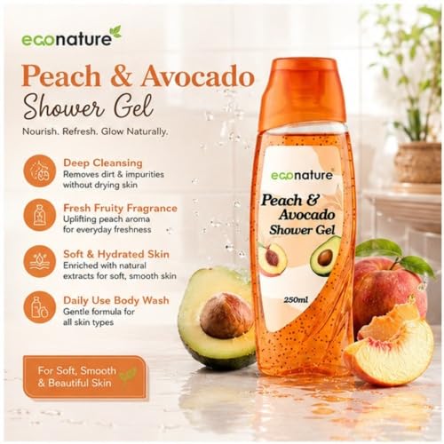 Image of Econature Shower Gel & Body Wash for Men & Women | Peach & Avocado, Mimosa & Neroli Blossom, Blackcurrant & Bearberry Variants | Refreshing & Moisturizing Bath Gel | All Skin Types (Peach & Avocado shower gel)