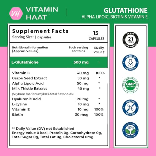 Image of L Glutathione Supplement with Vitamin C, Alpha Lipoic Acid, Biotin, Vitamin E & Grape Seed Extract | Glutathione for Antioxidant Support, Skin Wellness & Beauty Nutrition | 15 Capsules by VitaminHaat