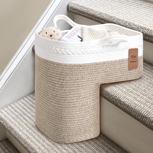 Image of Woven Stair Basket, Stair Baskets for Wooden Stairs, Carpeted Stairs Storage Basket with Handles, Staircase Baskets for Toys, Books, Brown, 15 inch L x 10 inch W x 15 inch H