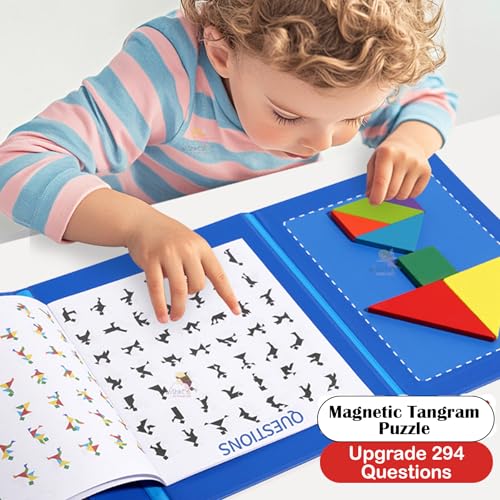 Image of Wishkey Magnetic Tangram Puzzle for Kids Ages 3-10, Montessori Travel Games & STEM Brain Teasers, Educational Jigsaw Shape Toy for Road Trips, Hands-On Learning & Thinking Skills