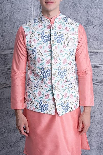 Image of Uri and MacKenzie Men's Silk Blend Kurta Pyjama with Stylish Embroidered Ethnic Jacket