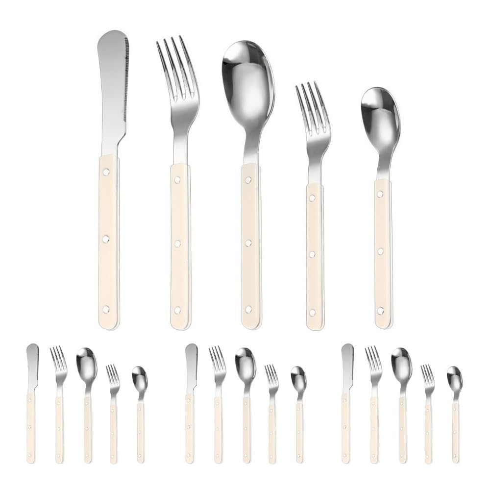 Salice Squisito Clip Per Unghie Maniglia Da Cucina Posate in Acciaio Inossidabile Stoviglie Posate Set Di Posate Coltello Da Bistecca Forchetta Cucchiaio Cucchiaino (Bianco,20 pezzi)