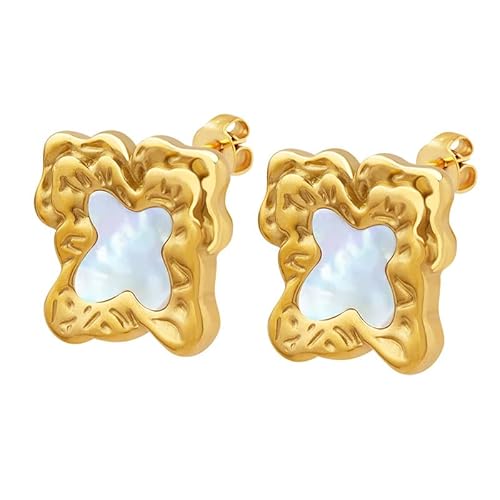 Niche Design sense simple carré blanc coquillage boucles d'oreilles en acier titane en forme de dentelle, Lac Cover
