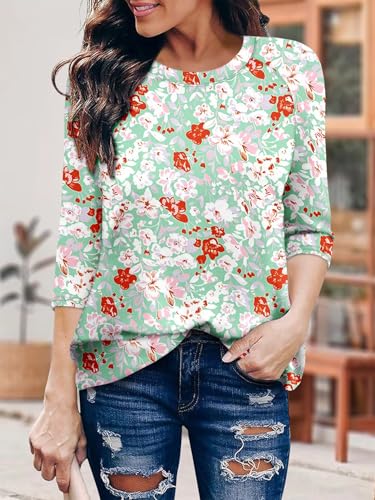 KISSMODA Tunic Tops for Women Loose Fit Dressy Round Neck Pleated 3/4 Length Sleeve Spring Tops