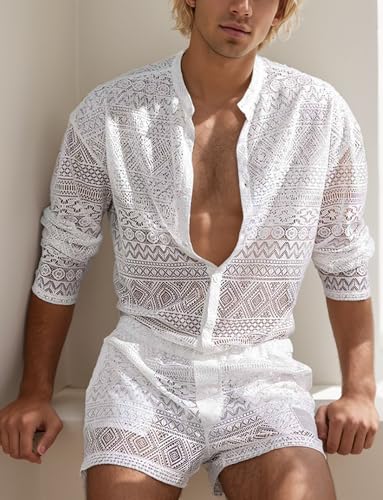 FEOYA Men Lace Mesh 2 Piece Outfits See Through Casual Shirts and Shorts Hollow Out Shorts Set3