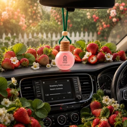 Image of UNO AROMA Strawberry Car Air Freshener, 15ml, Long Lasting Hanging car perfume, Toxin-Free Oil in Glass Bottle with Wooden Diffuser, Car Accessories for fresh aroma, Last Upto-60 Days