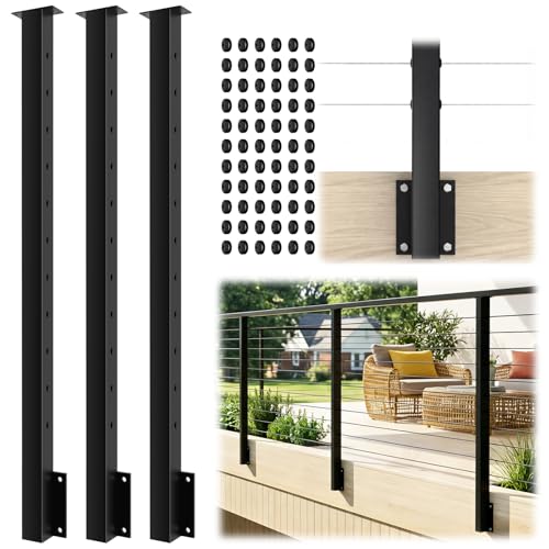 Image of 3 Pack Side Mount Level Drilled Cable Railing Post 36 inchx2 inchx2 inch(Post Body 44 inch), Fixed Top Line Post with 11 Holes, Fascia Mount Stainless Steel Cable Deck Rail Post, Black Wood Concrete Deck Post