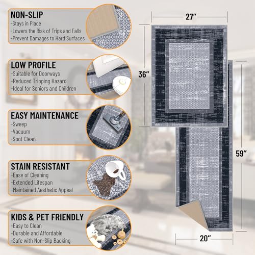 Ottomanson 2-Piece Kitchen Rug Set - Non Slip, Runner & Small Area Rug - Border - 20" x 59" & 2'3" x 3' - Durable, Stain Resistant for Entryway, Bedroom and Bathroom, Gray/Navy