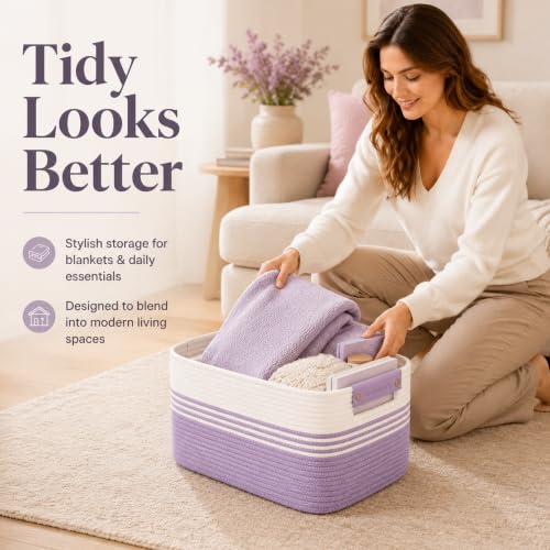 Image of 25.4GAL Collapsible Cotton Rope Extra Large Storage Basket For Bedroom Closet, Boho Rectangular Short Hamper Woven Storage Baskets for Living Room Throw Pillows Blankets Dirty Clothes, White Purple