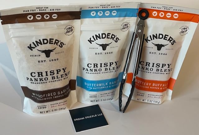 Kinders Crispy Panko Blend Seasoned Coating Mix Buttery Buffalo, Buttermilk Ranch, Woodfired Garlic (3 pack) with 7" cooking tong - 4 Items!