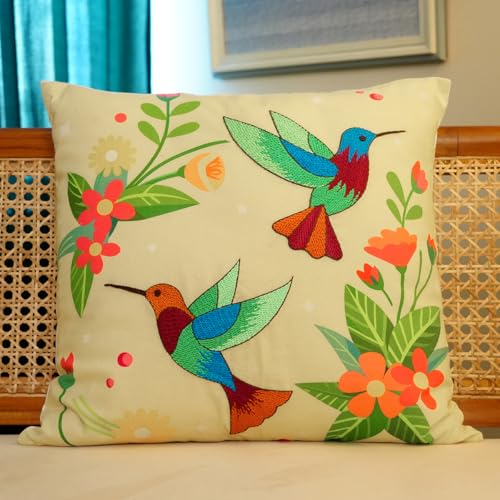 Image of picknMAKE Hummingbird Cushion Cover Embroidery Kit for Beginners, Set of 2 | 4 Fabric Panels, 12 Threads, Needles, 8in Hoop & Zipper Included | Beginner Hand Embroidery Cushion Cover Kit